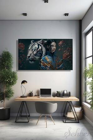 Panoramik Yatay Kanvas Tablo Tekli Salon Mutfak Yatak Odası Ofis Kintsugi Dijital Kadın Ve Kaplan