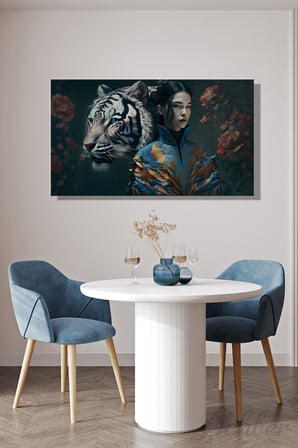 Panoramik Yatay Kanvas Tablo Tekli Salon Mutfak Yatak Odası Ofis Kintsugi Dijital Kadın Ve Kaplan