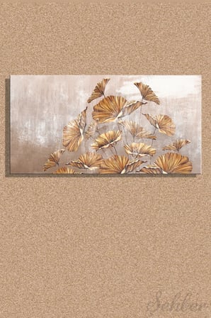 Panoramik Yatay Kanvas Tablo Tekli Salon Mutfak Yatak Odası Ofis Gold Efekt Pastel Çiçek
