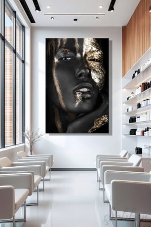 Dekoratif Dikey Kanvas Tablo Tekli Kuaför Güzellik Salonu Makyaj Nail Art Gold Efekt Kadın Portre