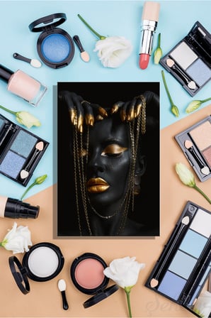 Dekoratif Dikey Kanvas Tablo Tekli Kuaför Güzellik Salonu Makyaj Nail Art Gold Efekt Kadın Portre