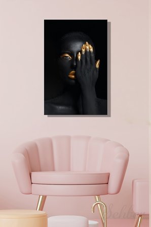 Dekoratif Dikey Kanvas Tablo Tekli Kuaför Güzellik Salonu Makyaj Nail Art Gold Efekt Kadın Portre