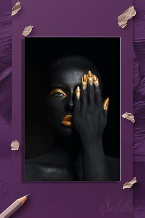 Dekoratif Dikey Kanvas Tablo Tekli Kuaför Güzellik Salonu Makyaj Nail Art Gold Efekt Kadın Portre