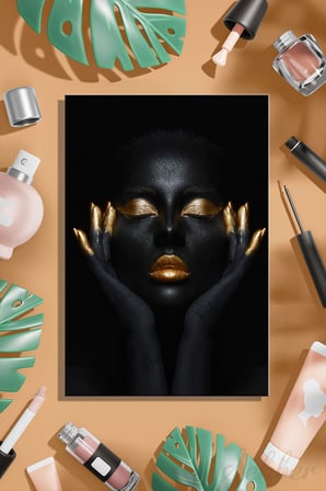 Dekoratif Dikey Kanvas Tablo Tekli Kuaför Güzellik Salonu Makyaj Nail Art Gold Efekt Kadın Portre