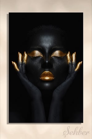 Dekoratif Dikey Kanvas Tablo Tekli Kuaför Güzellik Salonu Makyaj Nail Art Gold Efekt Kadın Portre