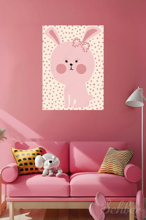 Dekoratif Dikey Kanvas Tablo Tekli Genç Odası Çocuk Odası Kreş Sevimli Pembe Tavşan 813