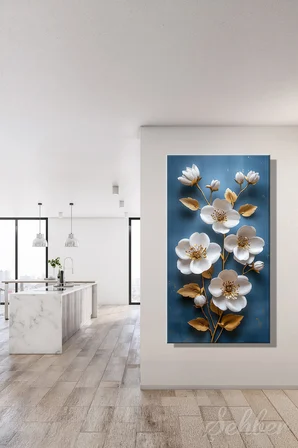 Kanvas Tablo Panoramik Dikey Tekli Salon Mutfak Yatak Odası Ofis 3D Efekt Beyaz Çiçek 919