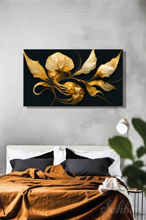 Kanvas Tablo Panoramik Yatay Tekli Salon Mutfak Yatak Odası Ofis 3D Gold Efekt Çiçek 920