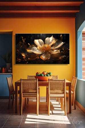 Kanvas Tablo Panoramik Yatay Tekli Salon Mutfak Yatak Odası Ofis 3D Gold Efekt Beyaz Çiçek 965