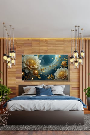 Kanvas Tablo Panoramik Yatay Tekli Salon Mutfak Yatak Odası Ofis 3D Gold Efekt Beyaz Çiçek 966