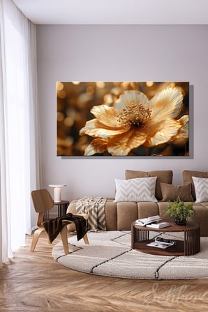 Kanvas Tablo Panoramik Yatay Tekli Salon Mutfak Yatak Odası Ofis 3D Gold Efekt Beyaz Çiçek 967