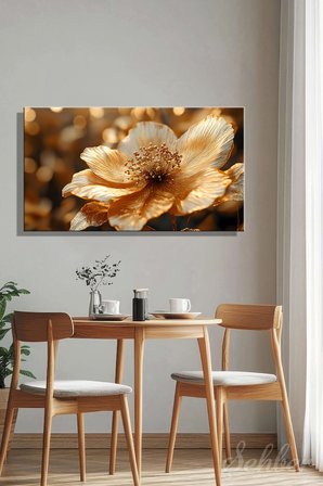 Kanvas Tablo Panoramik Yatay Tekli Salon Mutfak Yatak Odası Ofis 3D Gold Efekt Beyaz Çiçek 967