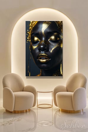 Kanvas Tablo Dikey Tekli Kuaför Güzellik Salonu Makyaj Nail Art Gold Makyajlı Siyahi Kadın Portre 968