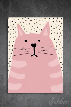 Dekoratif Dikey Kanvas Tablo Tekli Genç Odası Çocuk Odası Kreş Handdrawn Cat Pembe Kedi 1003