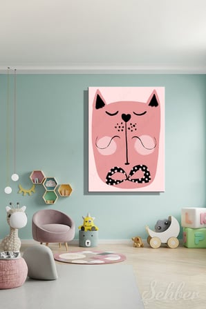 Kanvas Tablo Dikey Tekli Genç Odası Çocuk Odası Kreş Sevimli Pembe Kedi 1004