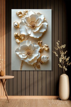 Dekoratif Dikey Kanvas Tablo Tekli Salon Mutfak Yatak Odası Ofis 3D Gold Efekt Beyaz Çiçek 1012