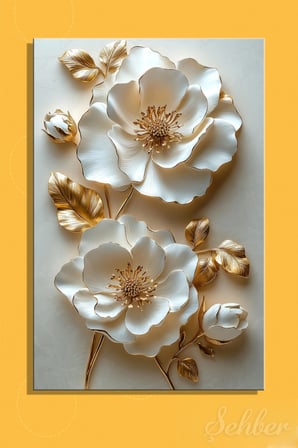 Dekoratif Dikey Kanvas Tablo Tekli Salon Mutfak Yatak Odası Ofis 3D Gold Efekt Beyaz Çiçek 1012