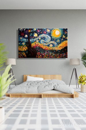 Kanvas Tablo Yatay Tekli Salon Mutfak Yatak Odası Ofis Vincent Van Gogh Yıldızlı Gece 1060