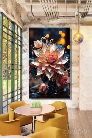 Panoramik Yatay Kanvas Tablo Tekli Salon Mutfak Yatak Odası Ofis 3D Metalik Efekt Lotus 1137
