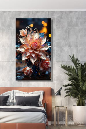 Panoramik Yatay Kanvas Tablo Tekli Salon Mutfak Yatak Odası Ofis 3D Metalik Efekt Lotus 1137
