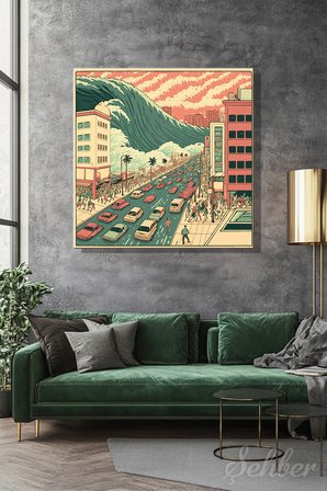 Dekoratif Kare Kanvas Tablo Tekli Salon Mutfak Yatak Odası Ofis Yaklaşan Tsunami Tasvir 1164