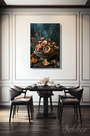 Kanvas Tablo Dikey Tekli Mutfak Restoran Lokanta Kafe Ahşap Kase İçinde Kurutulmuş Meyveler