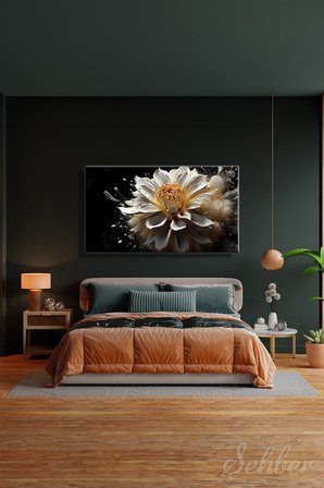 Kanvas Tablo Panoramik Yatay Tekli Salon Mutfak Yatak Odası Ofis 3D Gold Efekt Beyaz Çiçek 1232