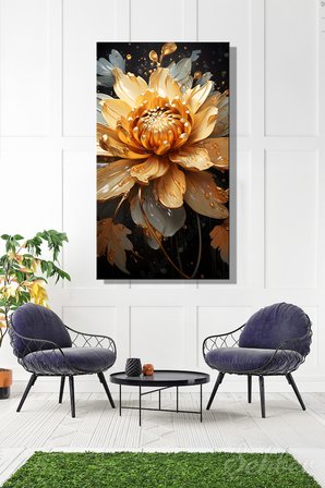 Panoramik Dikey Kanvas Tablo Tekli Salon Mutfak Yatak Odası Ofis Gold Efekt Lotus Nilüfer Çiçek 1233
