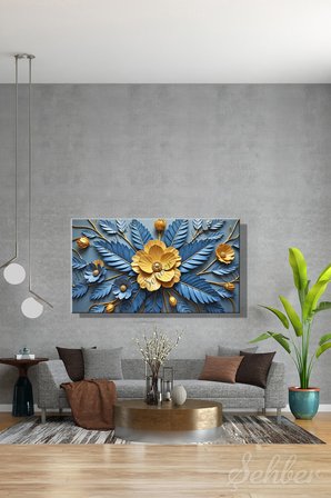 Panoramik Yatay Kanvas Tablo Tekli Salon Mutfak Yatak Odası Ofis 3D Gold Efekt Mavi Çiçek 1284