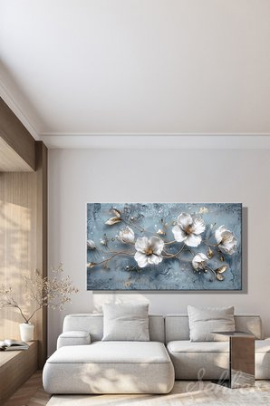 Panoramik Yatay Kanvas Tablo Tekli Salon Mutfak Yatak Odası Ofis 3D Efekt Beyaz Çiçekler 1291