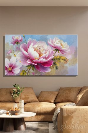 Kanvas Tablo Panoramik Yatay Tekli Salon Mutfak Yatak Odası Ofis 3D Efekt Pembe Çiçek 1331