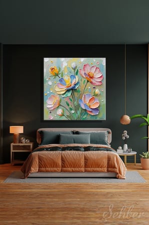 Yatay Tekli Kanvas Tablo Modern Salon Mutfak Yatak Odası Ofis 3D Efekt Pastel Renkli Çiçekler 1344