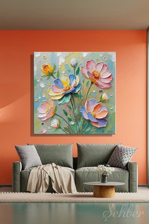 Yatay Tekli Kanvas Tablo Modern Salon Mutfak Yatak Odası Ofis 3D Efekt Pastel Renkli Çiçekler 1344