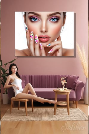 Dekoratif Yatay Kanvas Tablo Tekli Kuaför Güzellik Salonu Makyaj Nail Art Renkli Manikür 1356
