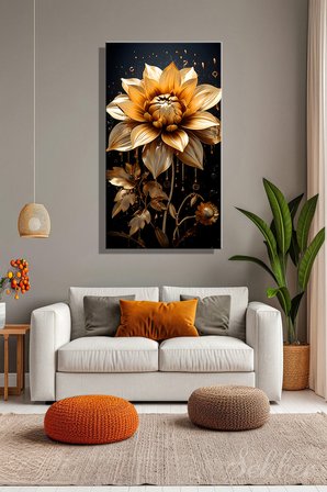 Panoramik Dikey Kanvas Tablo Tekli Salon Mutfak Yatak Odası Ofis Altın Rengi Lotus Çiçek 1396