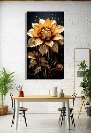 Panoramik Dikey Kanvas Tablo Tekli Salon Mutfak Yatak Odası Ofis Altın Rengi Lotus Çiçek 1396