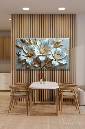 Kanvas Tablo Panoramik Yatay Tekli Salon Mutfak Yatak Odası Ofis 3D Gold Efekt Çiçek 1407