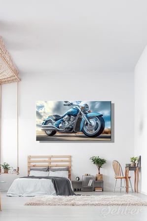 Panoramik Yatay Kanvas Tablo Tekli Salon Mutfak Yatak Odası Ofis Mavi Kruvazör Motorsiklet 1435
