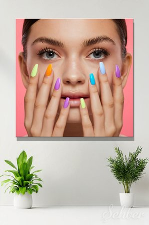 Dekoratif Kare Kanvas Tablo Tekli Kuaför Güzellik Salonu Makyaj Nail Art Manikür 1439