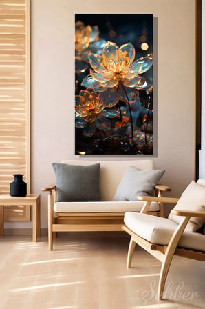 Dekoratif Dikey Kanvas Tablo Tekli Salon Mutfak Yatak Odası Ofis Altın Rengi Kristal Lotus 1458