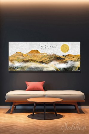 Kanvas Tablo Panoramik Yatay Tekli Salon Mutfak Yatak Odası Ofis Altın Rengi Dağlar Manzara 1470