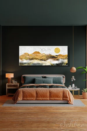 Kanvas Tablo Panoramik Yatay Tekli Salon Mutfak Yatak Odası Ofis Altın Rengi Dağlar Manzara 1470