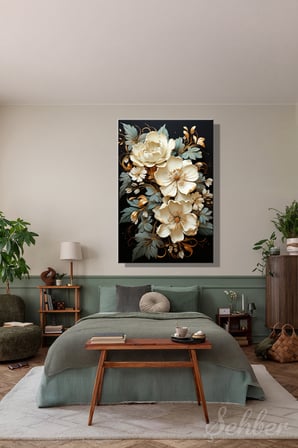 Dekoratif Dikey Kanvas Tablo Tekli Salon Mutfak Yatak Odası Ofis 3D Gold Efekt Beyaz Çiçek 1477