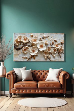 Panoramik Yatay Kanvas Tablo Tekli Salon Mutfak Yatak Odası Ofis 3D Gold Efekt Beyaz Çiçek 1543