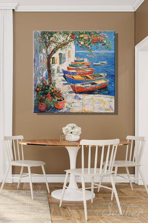 Dekoratif Kare Kanvas Tablo Tekli Salon Mutfak Yatak Odası Ofis Ege Sahil Köyü 1557