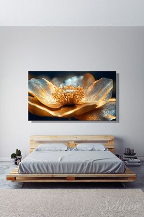Kanvas Tablo Panoramik Yatay Tekli Salon Mutfak Yatak Odası Ofis 3D Gold Efekt Çiçek 1559