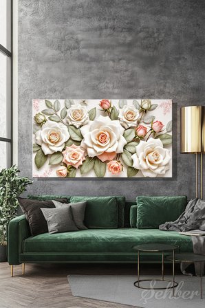 Kanvas Tablo Panoramik Yatay Tekli Salon Yatak Odası Ofis 3D Efekt Pembe Beyaz Güller  1605
