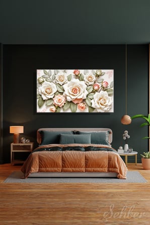 Kanvas Tablo Panoramik Yatay Tekli Salon Yatak Odası Ofis 3D Efekt Pembe Beyaz Güller  1605