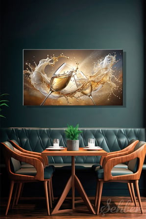 Panoramik Yatay Kanvas Tablo Tekli Lokanta Kafe Restoran Mutfak Tokuşan Şampanya Kadehleri 1615