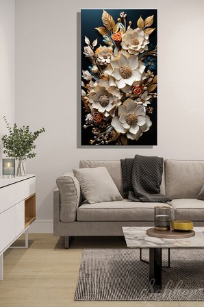 Kanvas Tablo Panoramik Dikey Tekli Salon Mutfak Yatak Odası Ofis Altın Varaklı Beyaz Çiçek 1629